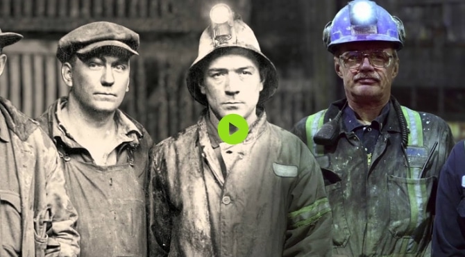 Hecla-Company-History-125 Years of Mining a picture of miners with their light on.